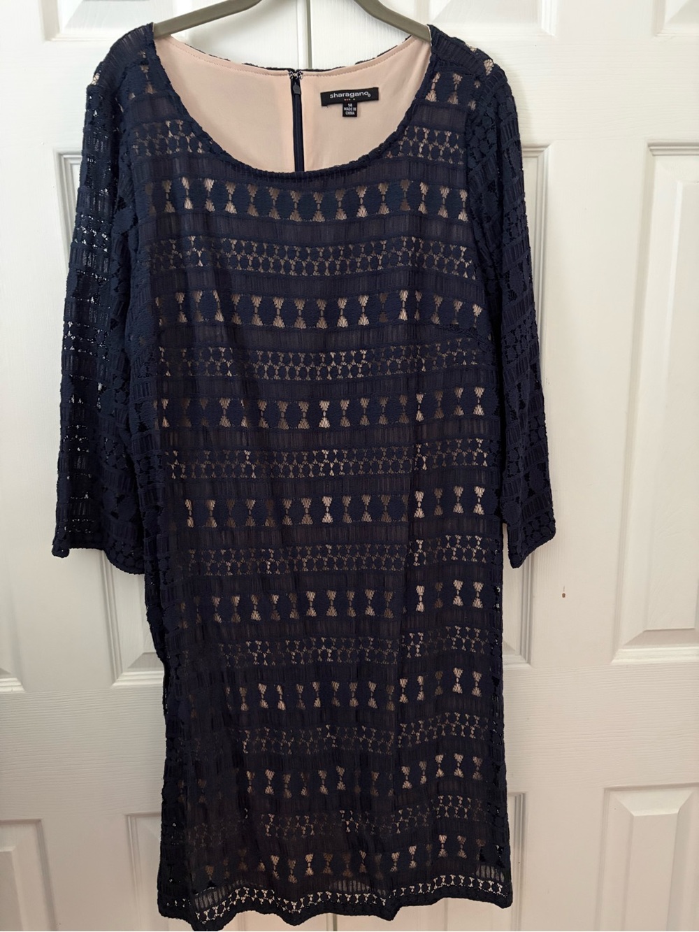 Sharagano Navy Crochet Overlay Dress with Nude Lining